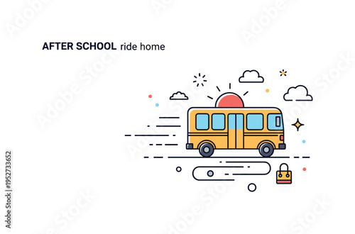 After school ride home theme featuring a bus with subtle sunset accent and gentle motion lines, symbolizing the end of the school day and safe return home. The