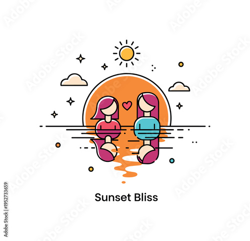 Romantic sunset lakeside reflection illustration with two simplified figures mirrored in calm water under a radiant sun disc, symbolizing harmony and shared
