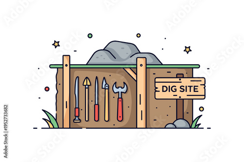 Dinosaur dig tour compact scene of a guided excavation pit with tools neatly arranged and a sign labeled Dig Site, symbolizing structured adventure tourism