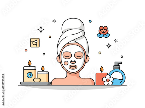 Spa and self-care session with a woman relaxing with a facial mask and candles, emphasizing rejuvenation, comfort, and wellness rituals. Minimalist flat vector