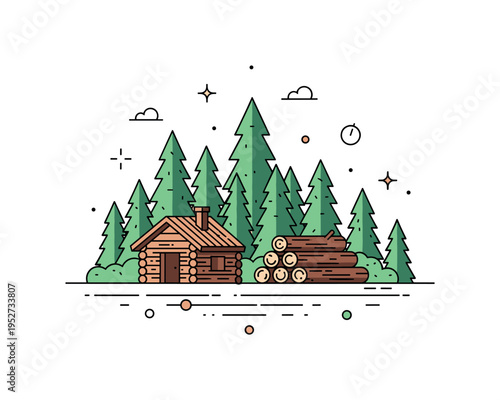 Taiga logging scene with a small wooden hut and stacked logs, surrounded by dense conifers, reflecting sustainable forest work and northern life. Minimalist