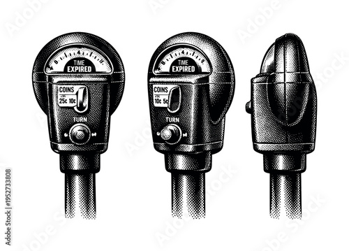 Parking meter classic upright form. A realistic parking meter shown as a single object in three different views, focusing on cylindrical body, coin slot, and