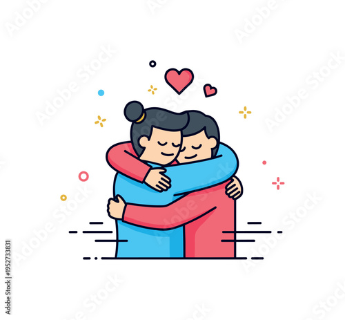 Hugging after long time apart two simplified figures embracing tightly with subtle motion lines and small heart accents above, expressing relief, warmth and