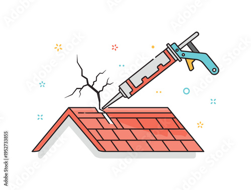 Sealing roof crack concept illustrated by a caulking tool applying a neat line across a roof surface. Clean lines and tiny decorative dots highlight precision