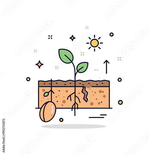 Germination process concept featuring a cross section of soil with a seed cracking open and a tiny root growing downward while a shoot rises upward toward a