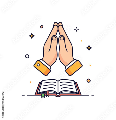 Prayer and scripture connection illustrated by folded hands placed above a small open book, representing contemplation and spiritual practice. The visual