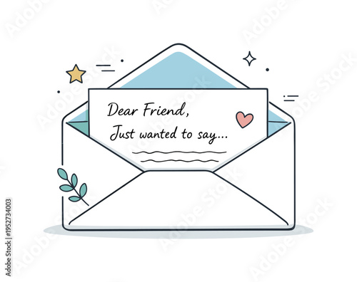 Envelope flap and written message. An editorial illustration of an open envelope flap with a letter partially visible. Mood of personal communication, trust,