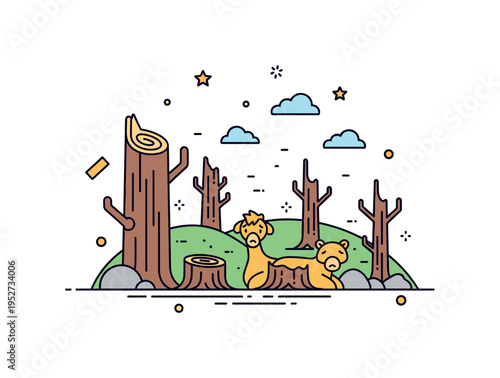 Deforestation impact showing a barren landscape with tree stumps and a few remaining animals looking distressed, emphasizing environmental loss and ecological