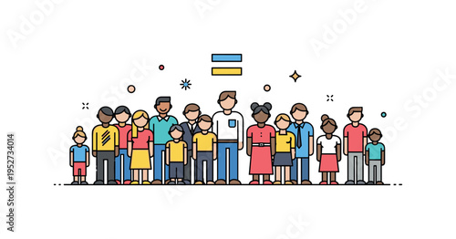Diversity and inclusion in society visualized through varied human figures of different shapes and tones standing together under a simple equality sign,