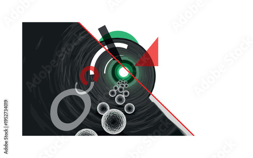 Black and white bloodstream tunnel perspective with spherical nanobots moving forward, large emerald green sun-like circle at the end suggesting healing