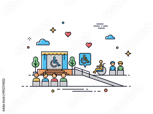 Disability friendly community event illustrated by a simple outdoor gathering scene with a small stage and a wheelchair accessibility ramp clearly visible,