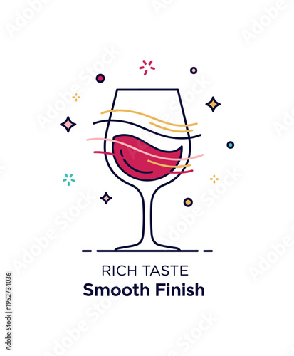 Rich taste wine appreciation concept illustrated by a minimal wine glass with gentle swirl motion lines, expressing aroma, depth, and sensory experience. The