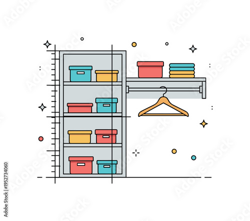 Space optimization in small closet concept featuring sliding shelves and a hanging rod aligned with subtle grid guides, expressing efficiency, vertical storage
