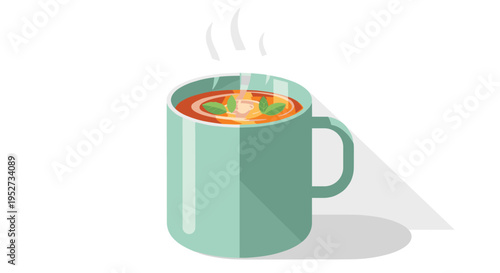 A mint green ceramic mug with a long shadow holds a steaming hot beverage with two mint leaves on a white background.