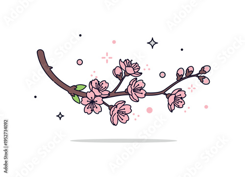 Spring sakura moment close view of delicate pink blossoms on a curved branch with subtle sparkle accents, expressing renewal and gentle seasonal change.