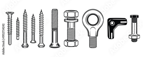 Steel hardware fasteners vector collection with screws bolts and metal eyelet