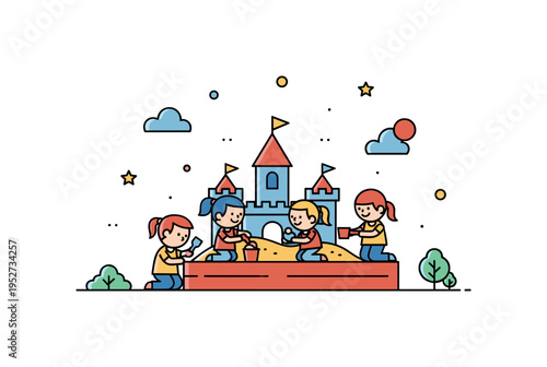 Playground sandbox with kids building castles and playing together, highlighting creativity, teamwork, and imaginative outdoor play. Minimalist flat vector