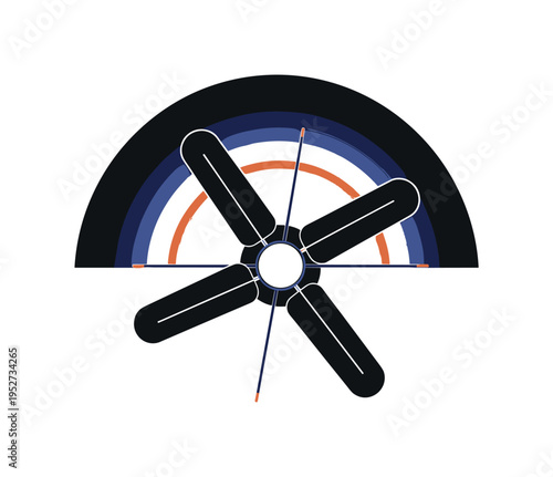 A black and white realistic ceramic flower pot with a leafy plant emerging, bold geometric circles and semicircles framing the foliage, abstract rectangular