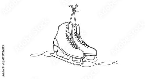A minimalist continuous line art drawing showcases a pair of ice skates hanging by their laces, with a single fluid line suggesting the ground on a clean white background.