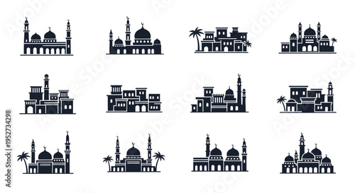 Silhouette Collection of Middle Eastern Architecture Buildings.