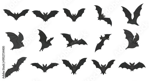 Collection of Bat Silhouettes in Various Flying Poses Halloween Vector Set.