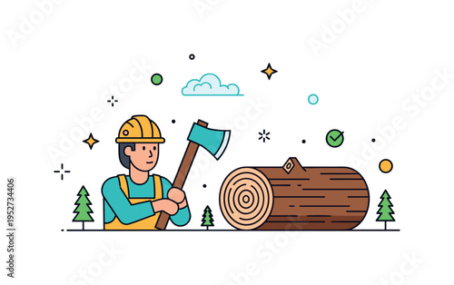 Lumberjack profession concept featuring a worker in protective helmet holding an axe next to a freshly cut log with visible growth rings,