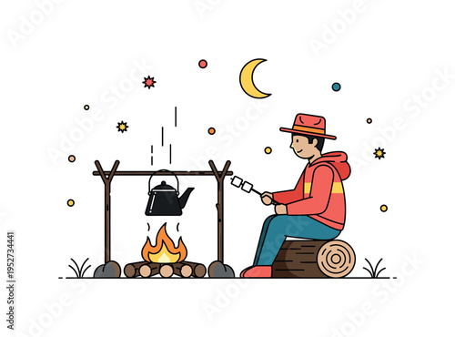 Solo camper roasting marshmallows at a nighttime campfire, sitting on a log with a kettle hanging over the flames, emphasizing adventure, comfort, and rustic