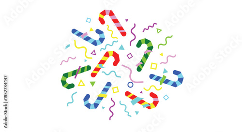 A playful illustration displays a circular arrangement of multiple colorful candy canes, intermingled with various small abstract geometric shapes on a pristine white background.