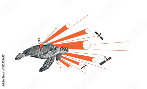Black and white image of a sea turtle fitted with a small tracking device, combined with bold orange cylindrical shapes and diagonal lines suggesting data