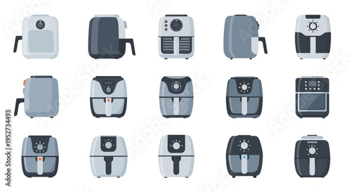 Assorted Collection of Modern Air Fryers in Various Designs.