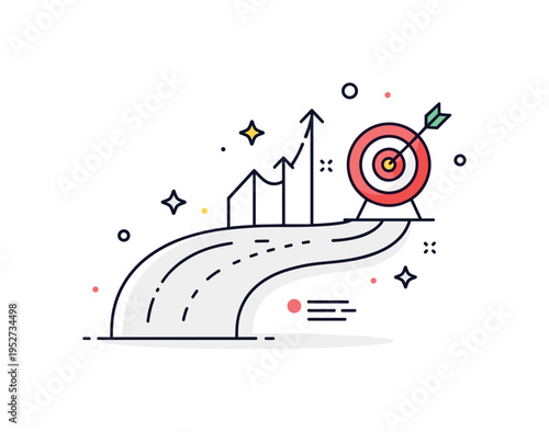 Success roadmap concept featuring a curved path leading toward a bright target icon at the end. Subtle upward arrows and small star accents communicate
