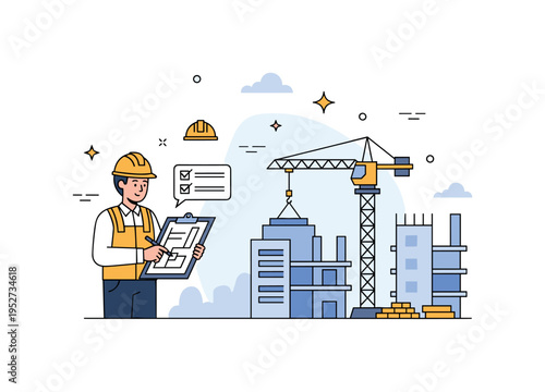 Construction project manager reviewing building plans on a clipboard while standing in front of a simplified construction site with a crane and unfinished