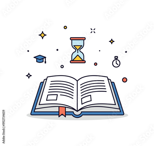 Historical learning in classroom represented by an open book with a tiny hourglass icon floating above. The scene communicates education, reflection, and