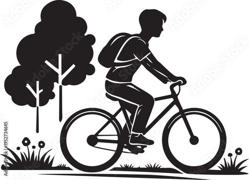 This image is a black and white vector illustration showing a silhouette of a person riding a bicycle.    Subject: A cyclist wearing a backpack, suggesting a commute or journey.  Scene: The rider is p