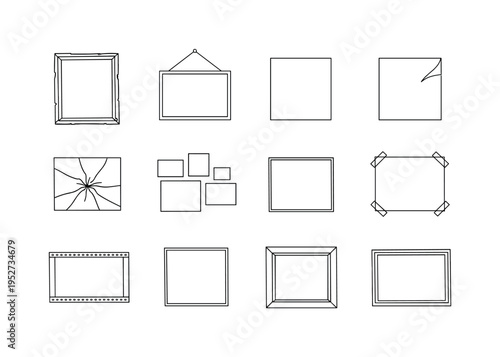 Faded Poster Frame Wall Decor. Minimalistic set one-line drawing [vintage poster frame, distressed wooden frame, hanging frame with string, empty frame