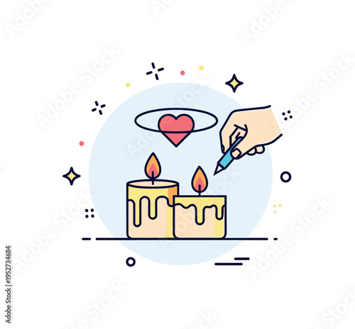 Romantic candlelight atmosphere illustrated by two small candles as one is being lit, symbolizing connection and shared warmth. A cohesive badge composition