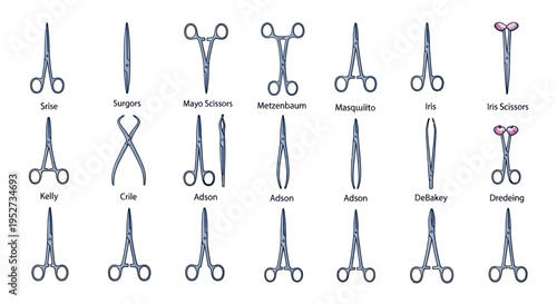 Assorted Surgical Instruments: Clamps Scissors and Forceps.
