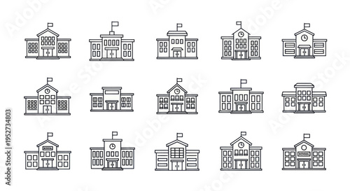 A collection of school university and public building icons in a simple line art style.