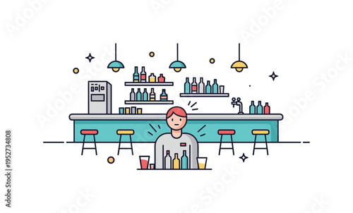 Intoxicated perspective bar interior with simplified counter and bottles appearing slightly wavy and unfocused around a central seated character, symbolizing