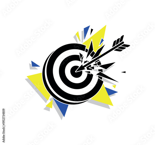 Black and white target symbol with arrow hitting center, sharp angular shards and concentric rings radiating impact, bright yellow and ultramarine flat