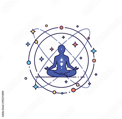 Cosmic meditation energy represented by a seated figure silhouette within a circular star field, expressing inner balance and connection to the universe.