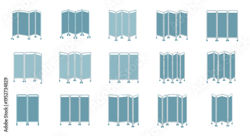 Collection of modern changing room cubicles with blue curtains and white frames.