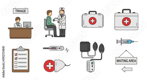 Medical Illustrations: Doctor Patient First Aid Kit Syringe and Waiting Area Sign.