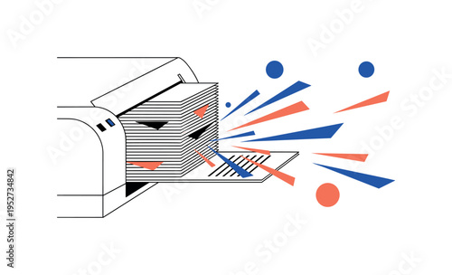 Black and white multi-page stack feeding through an automatic document scanner, sharp angular shards and semicircles representing rapid processing, bright