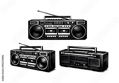 Dual-cassette boom box. A dual-cassette boom box depicted as one isolated object in three different angles focusing on symmetry, twin tape decks, and solid
