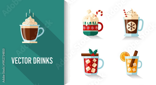 Collection of festive hot drinks with whipped cream candy canes and spices.