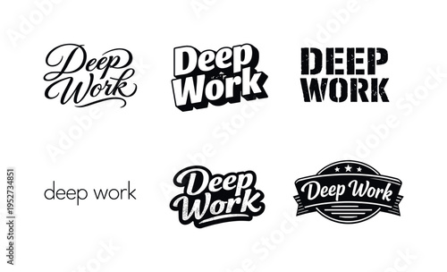 Deep Work. Set lettering. harmonious lettering variations of the same emblematic concept, each with different artistic interpretation (Elegant script with
