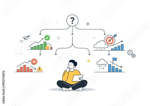 Scenario analysis. Multiple simplified charts branching into alternative outcomes while a person compares options calmly. A visual metaphor for uncertainty and
