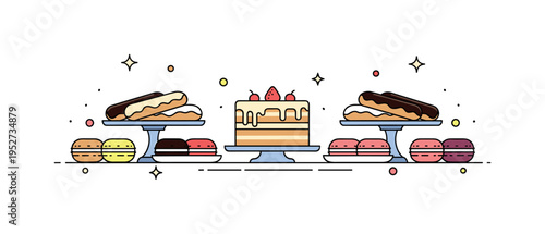 Elegant dessert buffet scene showcasing layered cake, eclairs and macarons arranged in clean symmetry. Soft sparkle accents and balanced spacing highlight