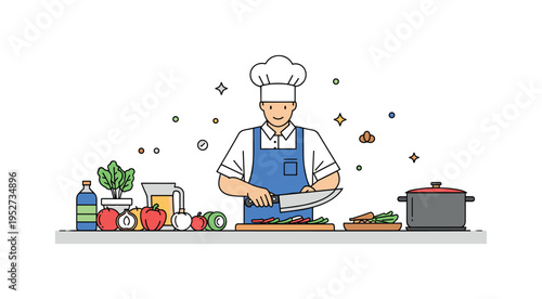 Cooking a gourmet meal at home with fresh ingredients laid out on the counter and a chef?s knife in hand, highlighting preparation, attention to detail, and